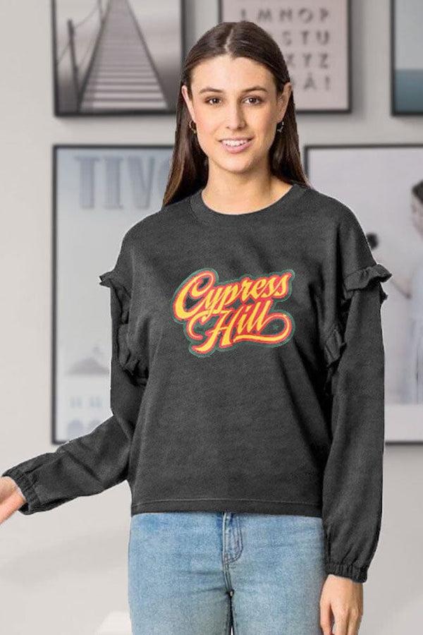 elo Polo Republica Women's Frill Shoulder Cypress Hill Printed Fleece Sweatshirt Charcoal