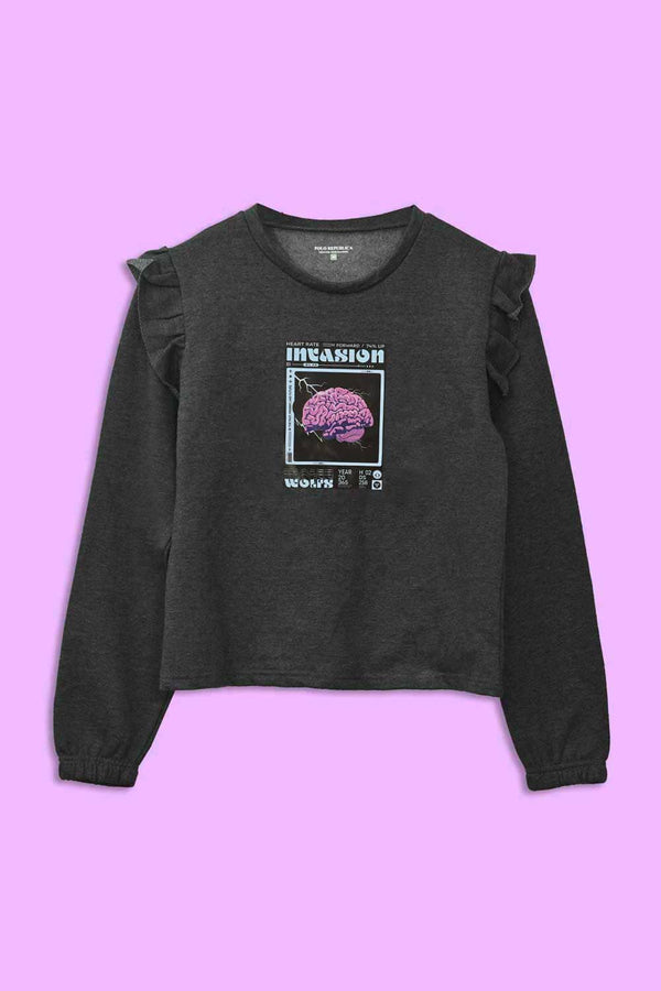 Elo Polo Republica Women's Frill Shoulder Invasion Printed Fleece Sweatshirt Charcoal