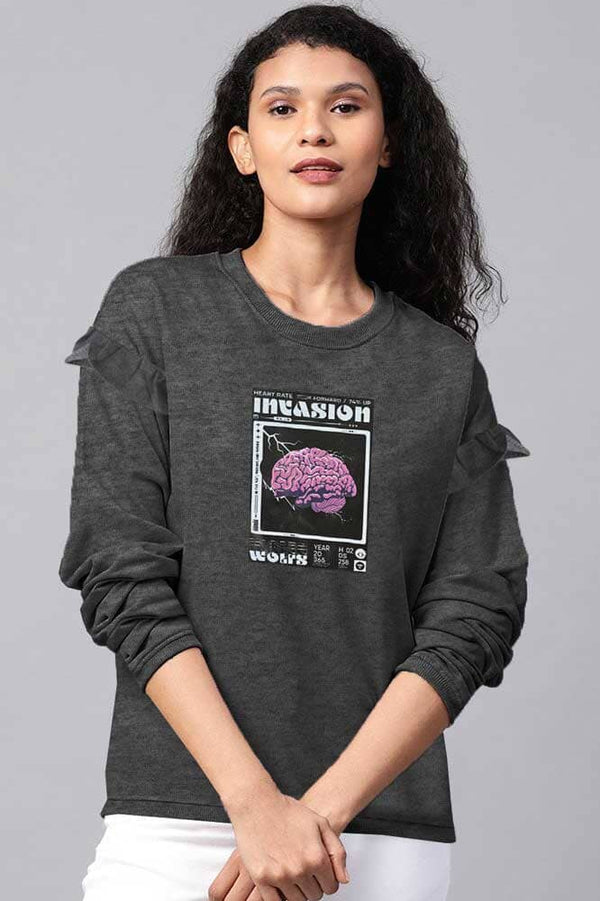 elo Polo Republica Women's Frill Shoulder Invasion Printed Fleece Sweatshirt Charcoal