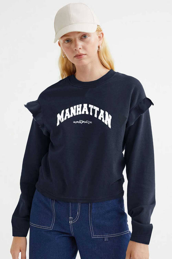 elo Polo Republica Women's Frill Shoulder Manhattan Printed Fleece Sweatshirt Dark Navy