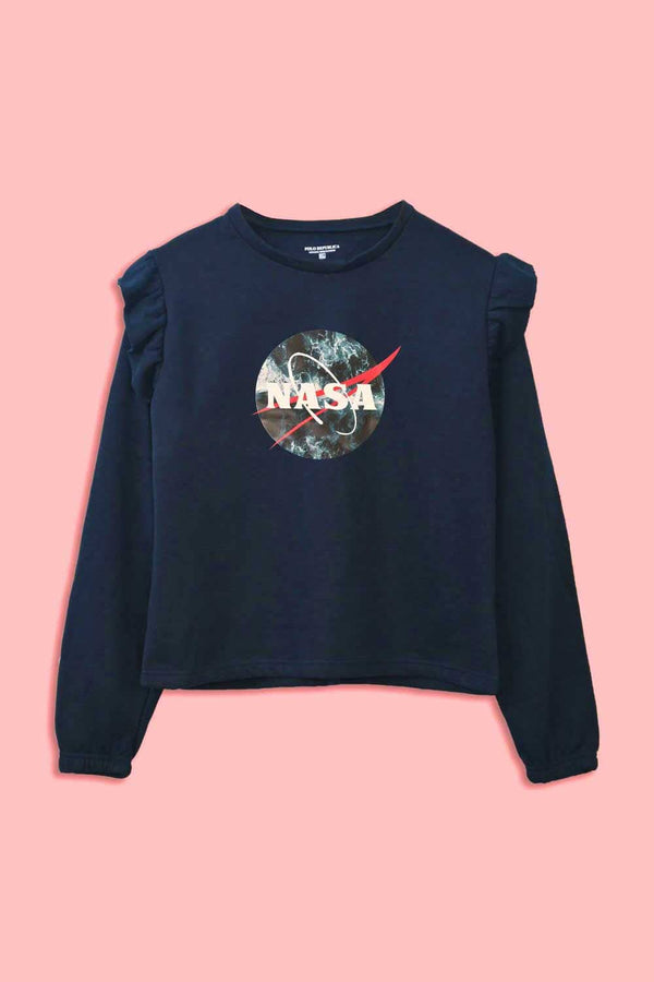 Elo Polo Republica Women's Frill Shoulder Nasa Printed Fleece Sweatshirt Navy