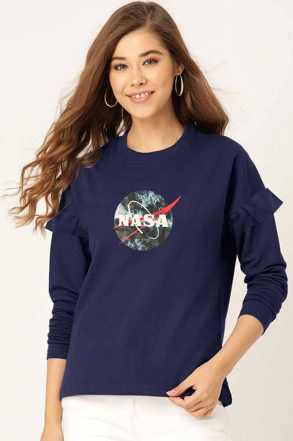elo Polo Republica Women's Frill Shoulder Nasa Printed Fleece Sweatshirt Navy