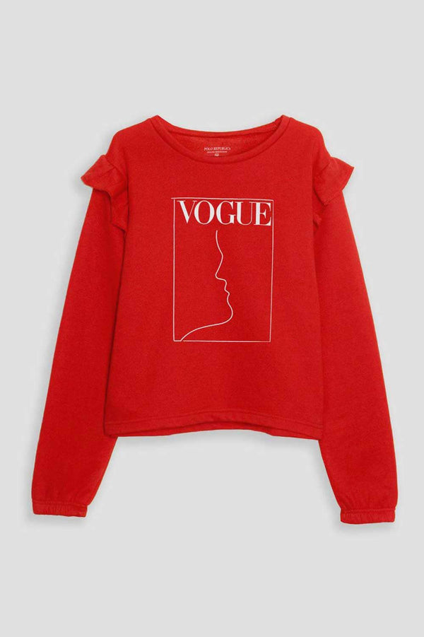 Elo Polo Republica Women's Frill Shoulder Vogue Printed Fleece Sweatshirt Red