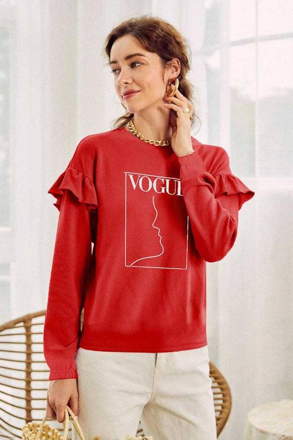 elo Polo Republica Women's Frill Shoulder Vogue Printed Fleece Sweatshirt Red