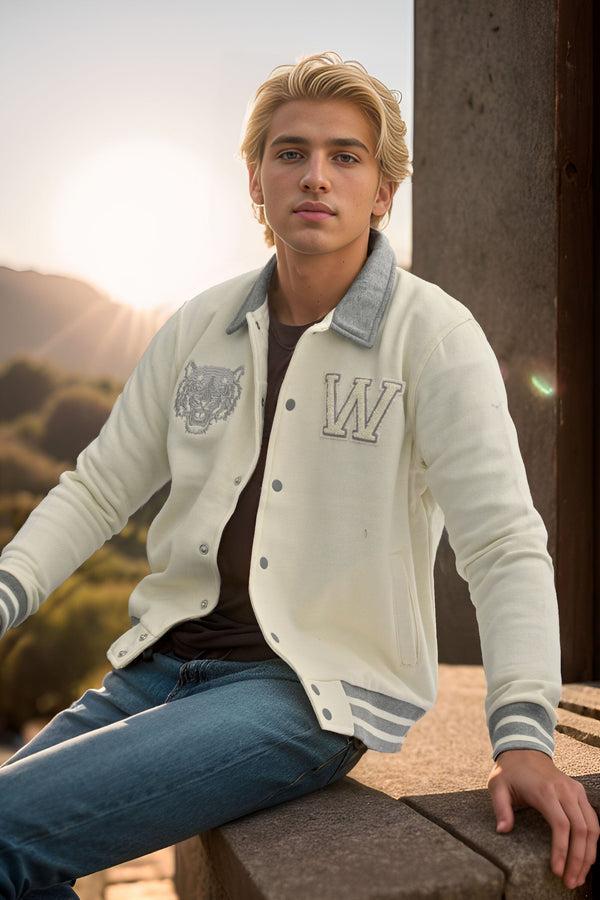Elo Primark Men's Tiger Embroidered Baseball Varsity Minor Fault Fleece Jacket Off White