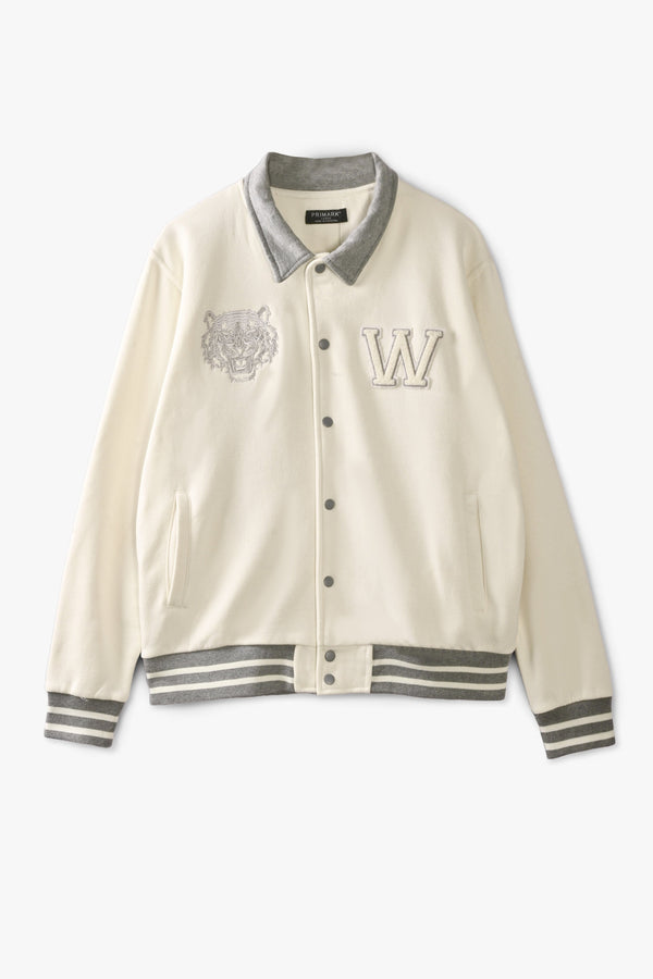 Elo Primark Men's Tiger Embroidered Baseball Varsity Minor Fault Fleece Jacket Off White