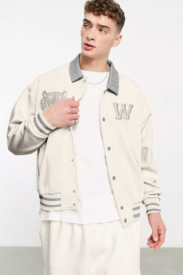Elo Primark Men's Tiger Embroidered Baseball Varsity Minor Fault Fleece Jacket Off White