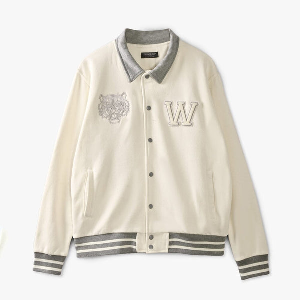 elo Primark Men's Tiger Embroidered Baseball Varsity Minor Fault Fleece Jacket Off White