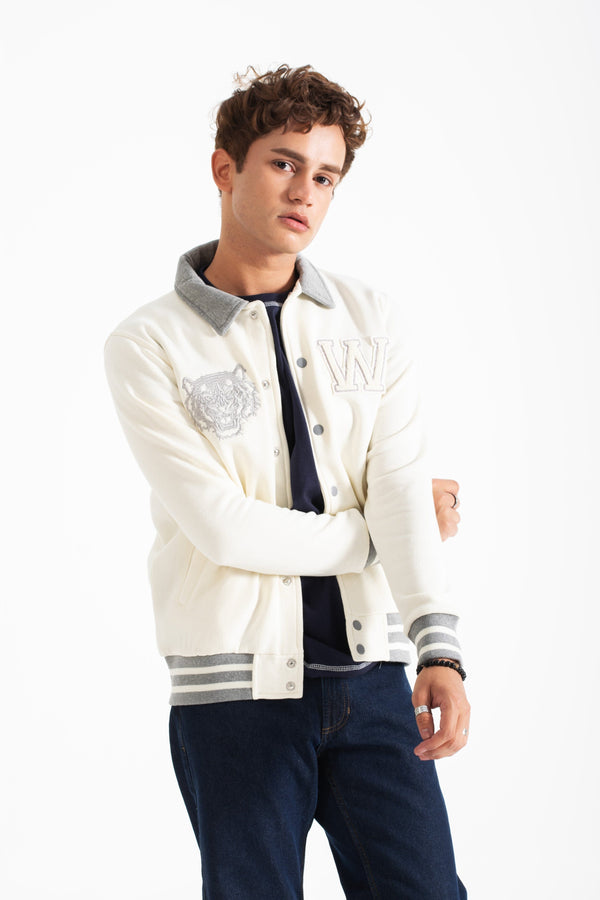 Elo Primark Unisex Tiger Embroidered Baseball Varsity Fleece Jacket Off White