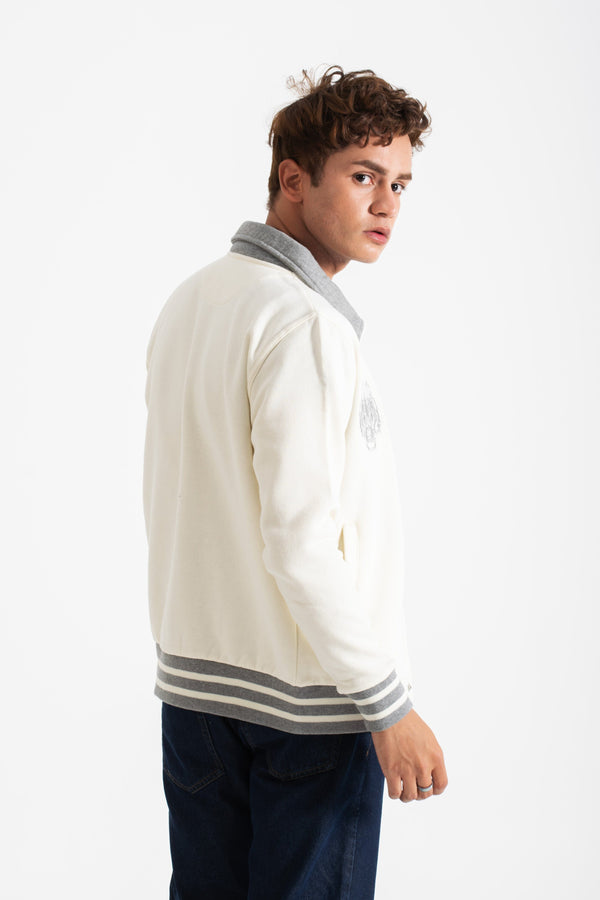 Elo Primark Unisex Tiger Embroidered Baseball Varsity Fleece Jacket Off White