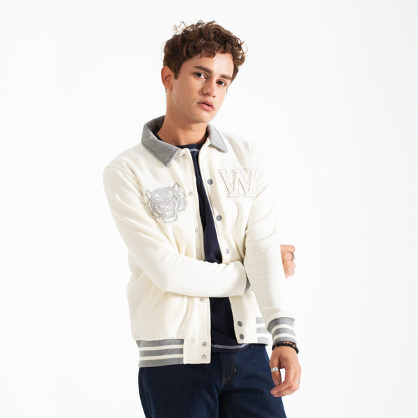 elo Primark Unisex Tiger Embroidered Baseball Varsity Fleece Jacket Off White