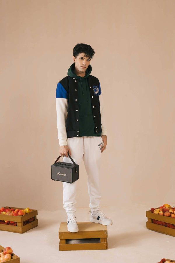 Elo Primark Unisex Track & Field Baseball Varsity Jacket Black & Off White