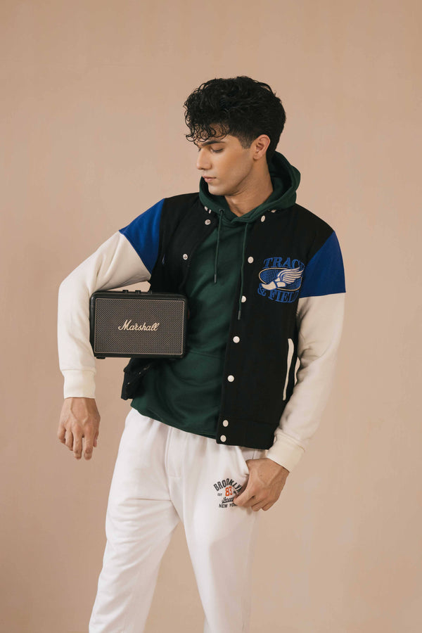 elo Primark Unisex Track & Field Baseball Varsity Jacket Black & Off White