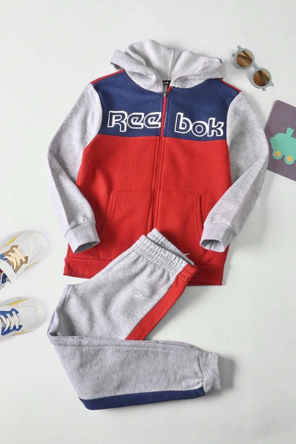 elo RBK Kids' Contrast Panel Fleece Zipper Hooded Sweat Suit Set. Shirt and Pajama Red & Heather Grey