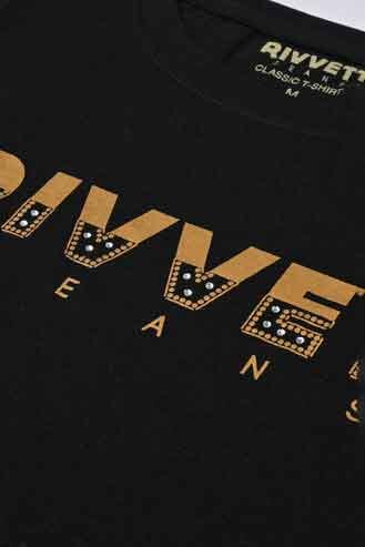 Elo Rivvet Women's Embellish Style Logo Printed Short Sleeve Tee Shirt Black