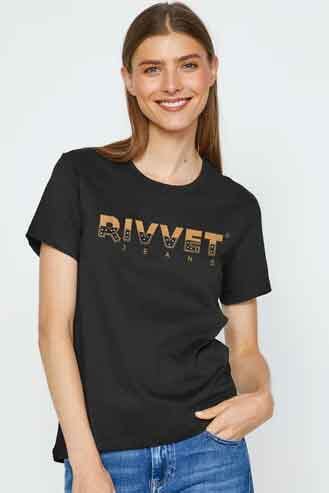elo Rivvet Women's Embellish Style Logo Printed Short Sleeve Tee Shirt Black