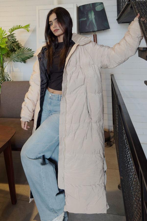 Elo RSG Women's Hooded Longline Messina Puffer Jacket Beige