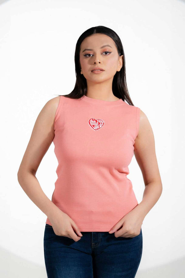 Elo Safina Women's All You Need Is Love Embroidered Crew Neck Sleeveless Shirt Pink