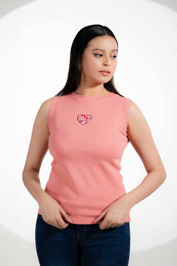 elo Safina Women's All You Need Is Love Embroidered Crew Neck Sleeveless Shirt Pink