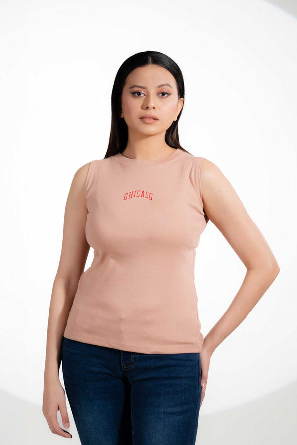 elo Safina Women's Chicago Embroidered Crew Neck Sleeveless Shirt Beige