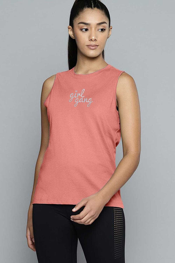 Elo Safina Women's Girl Gang Embroidered Crew Neck Sleeveless Shirt Pink