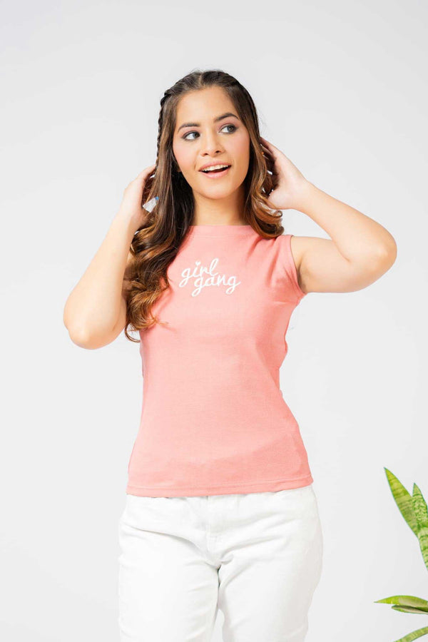 elo Safina Women's Girl Gang Embroidered Crew Neck Sleeveless Shirt Pink