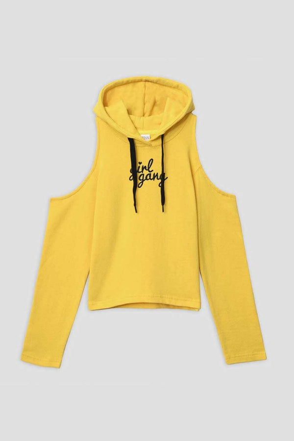 Elo Safina Women's Girl Gang Embroidered Crop Top Fleece Pullover Hoodie Yellow
