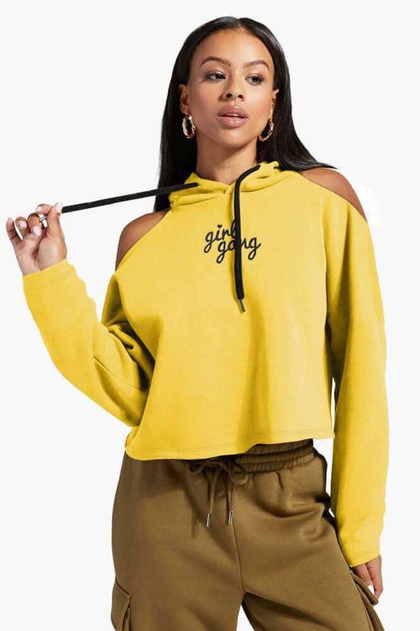 elo Safina Women's Girl Gang Embroidered Crop Top Fleece Pullover Hoodie Yellow