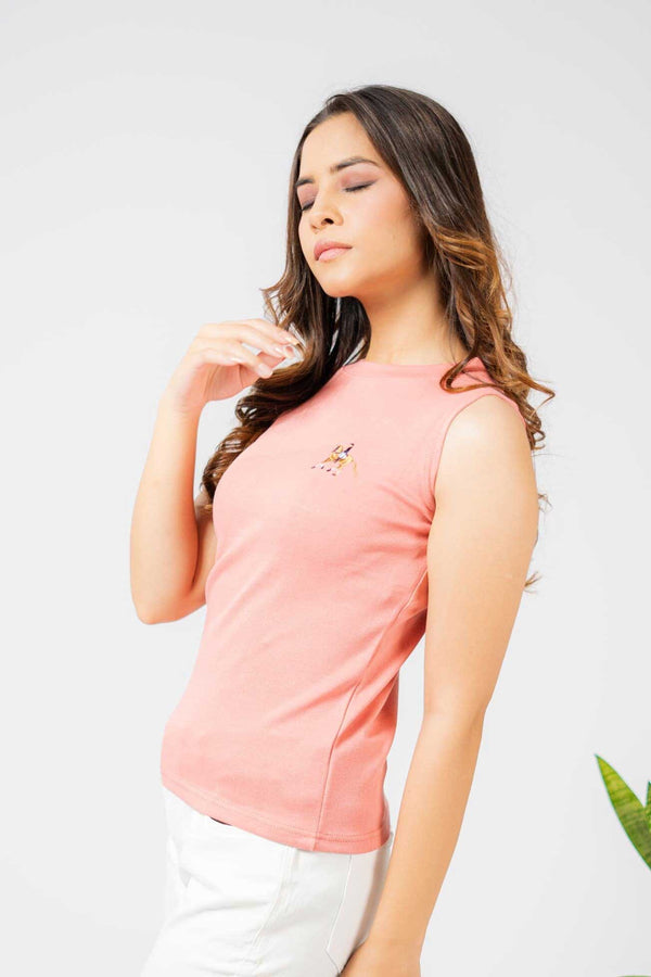 Elo Safina Women's Horse Embroidered Crew Neck Sleeveless Shirt Pink