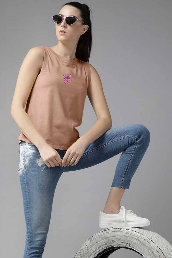 elo Safina Women's Mean Girl Embroidered Crew Neck Sleeveless Shirt Beige