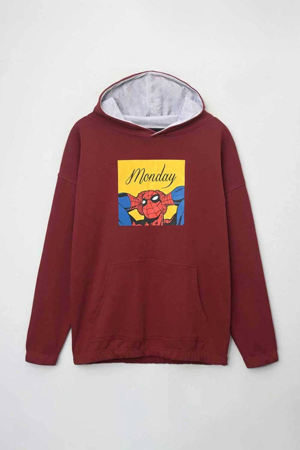 Elo Safina Women's Monday Spider-Man Printed Oversized Fleece Pullover Hoodie Burgundy