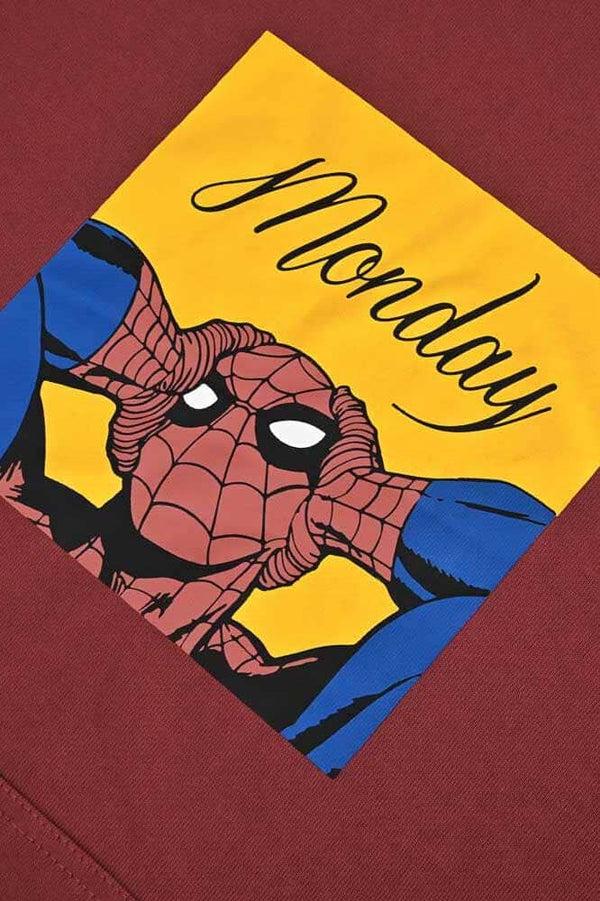 Elo Safina Women's Monday Spider-Man Printed Oversized Fleece Pullover Hoodie Burgundy