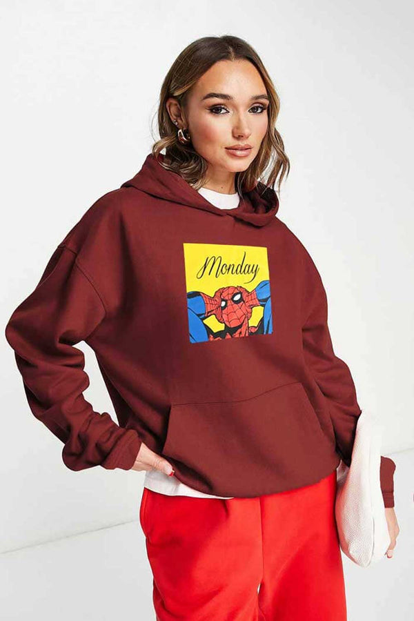 elo Safina Women's Monday Spider-Man Printed Oversized Fleece Pullover Hoodie Burgundy