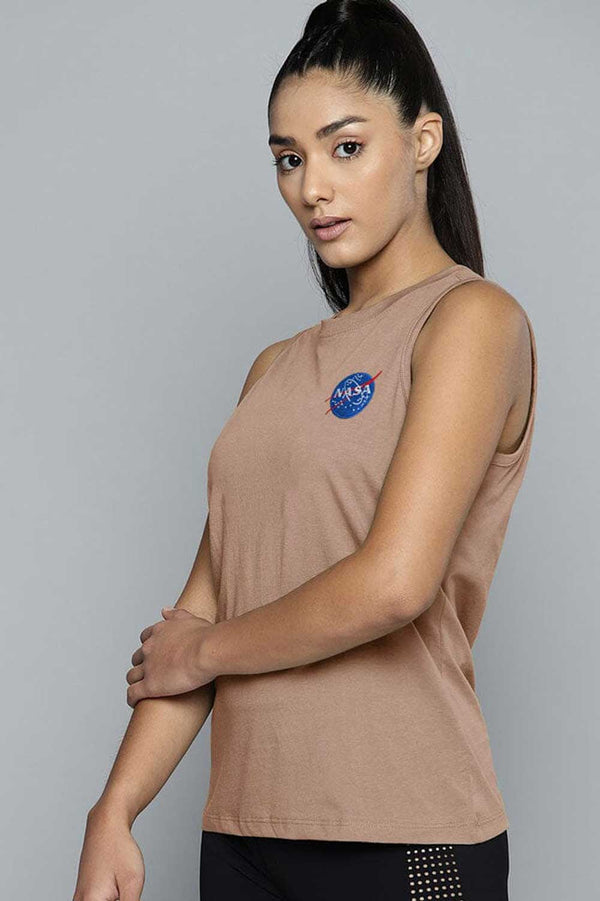 Elo Safina Women's Nasa Embroidered Crew Neck Sleeveless Shirt Beige