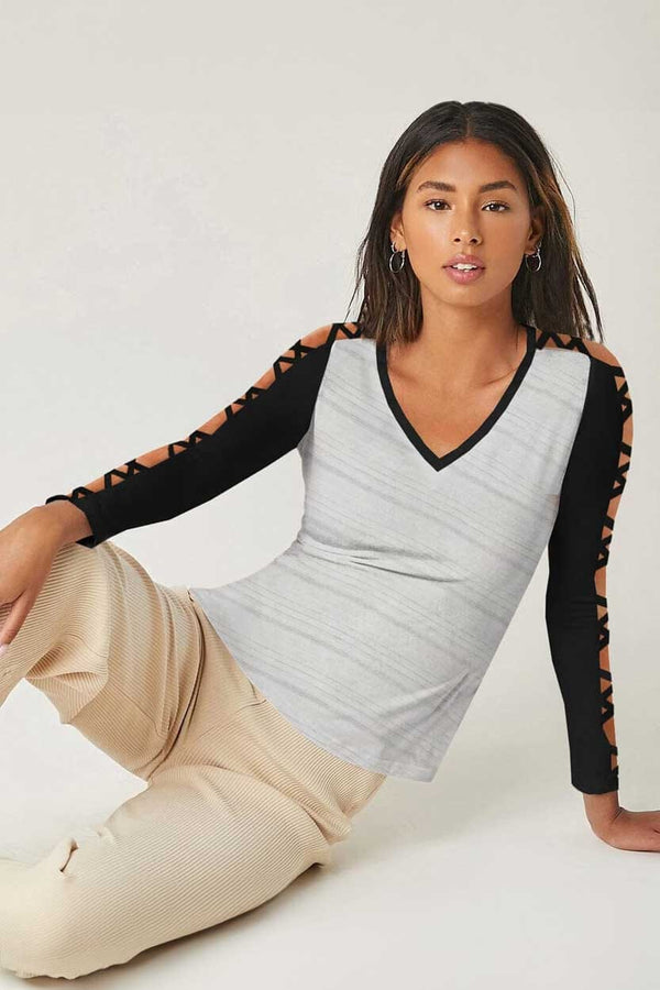 Elo Safina Women’s Stripe On Sleeves Design Tee Shirt Black & Grey