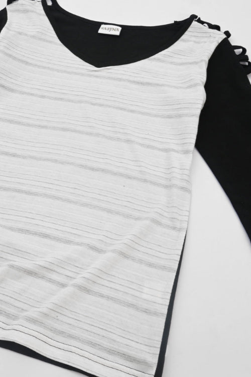 Elo Safina Women’s Stripe On Sleeves Design Tee Shirt Black & Grey