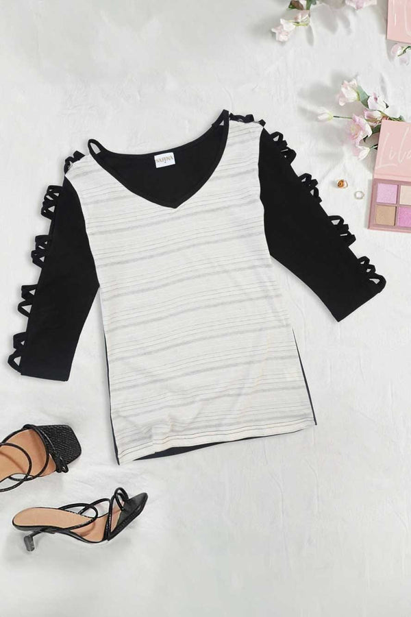 elo Safina Women’s Stripe On Sleeves Design Tee Shirt Black & Grey