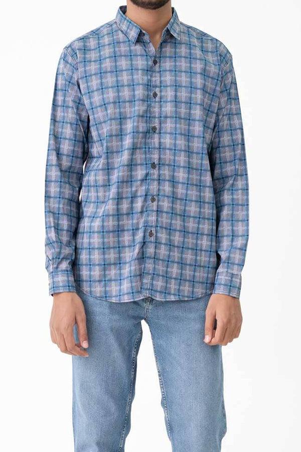 Elo Scanners Elegant Men's Plaid Check Premium Casual Shirt Blue