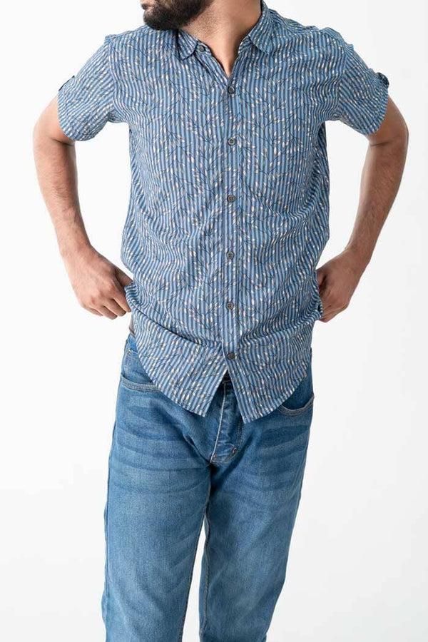 Elo Scanners Men's Floral Striped Casual Shirt Powder Blue