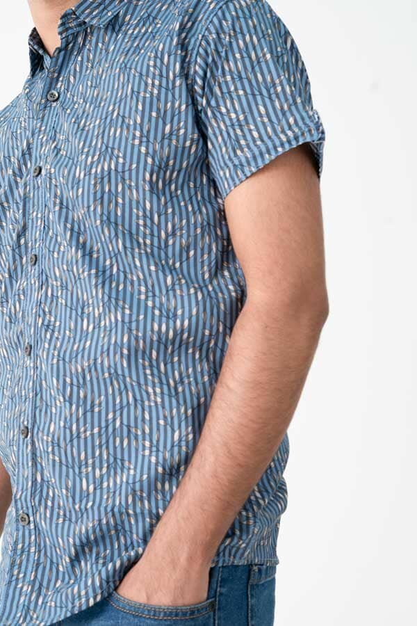 Elo Scanners Men's Floral Striped Casual Shirt Powder Blue