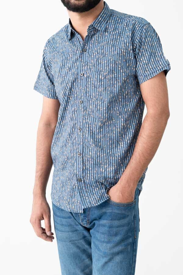 elo Scanners Men's Floral Striped Casual Shirt Powder Blue