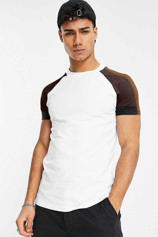 Elo Seoul Men's Contrast Panel Style Raglan Sleeve Tee Shirt Brown & White