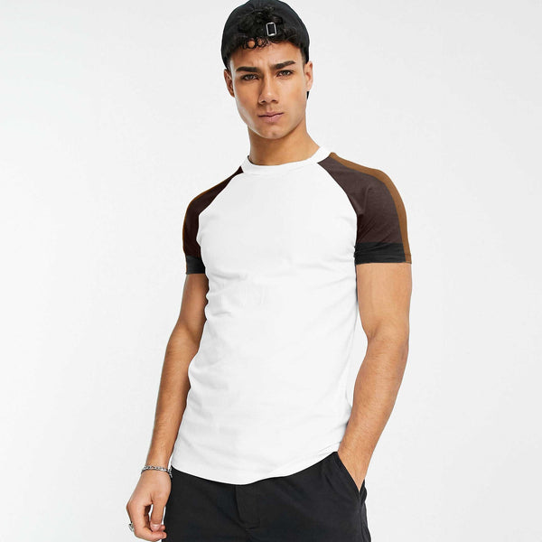 Elo Seoul Men's Contrast Panel Style Raglan Sleeve Tee Shirt Brown & White