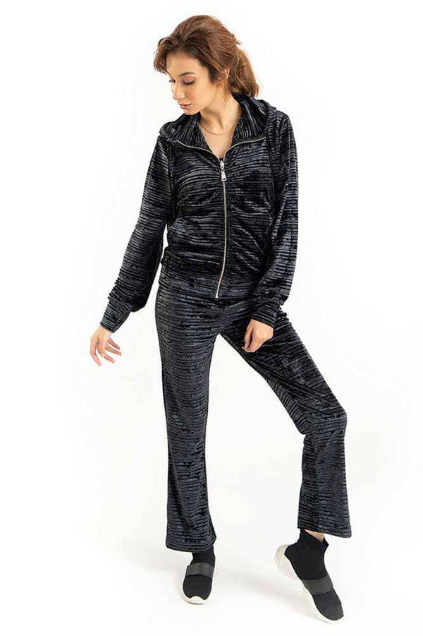 Elo Start Women's Velvet Stripes Design Trousers Black