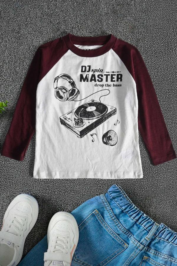 elo TH Boy's DJ Spin Printed Raglan Sleeve Tee Shirt White & Plum
