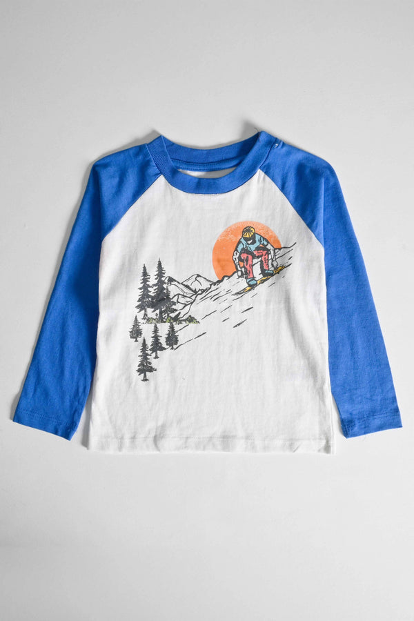 Elo TH Boy's Skiing Printed Raglan Sleeve Tee Shirt White & Royal