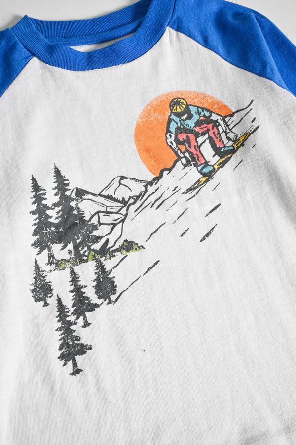 Elo TH Boy's Skiing Printed Raglan Sleeve Tee Shirt White & Royal
