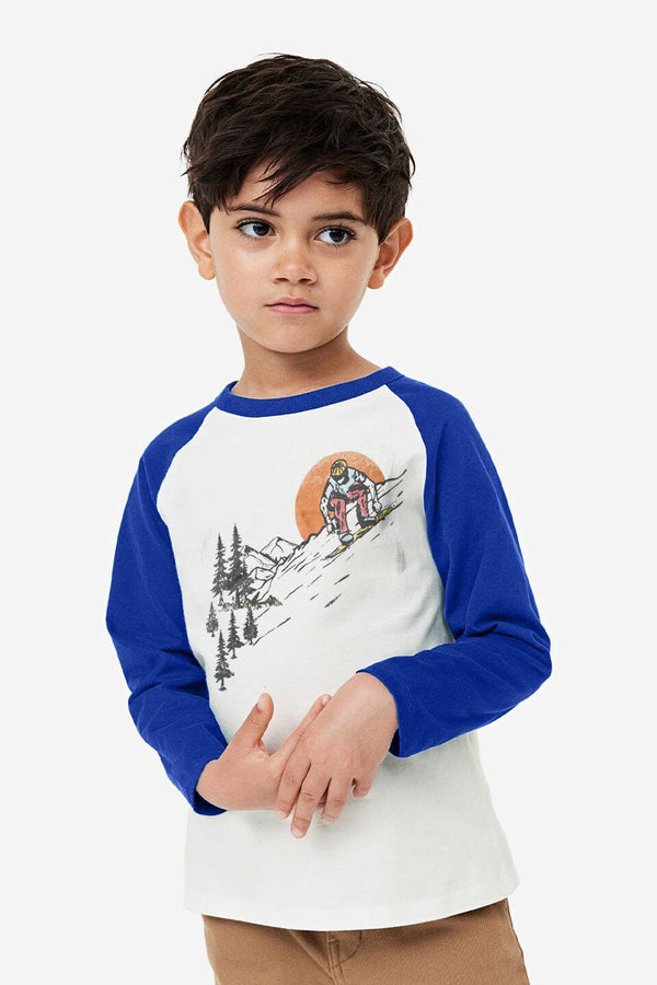 elo TH Boy's Skiing Printed Raglan Sleeve Tee Shirt White & Royal