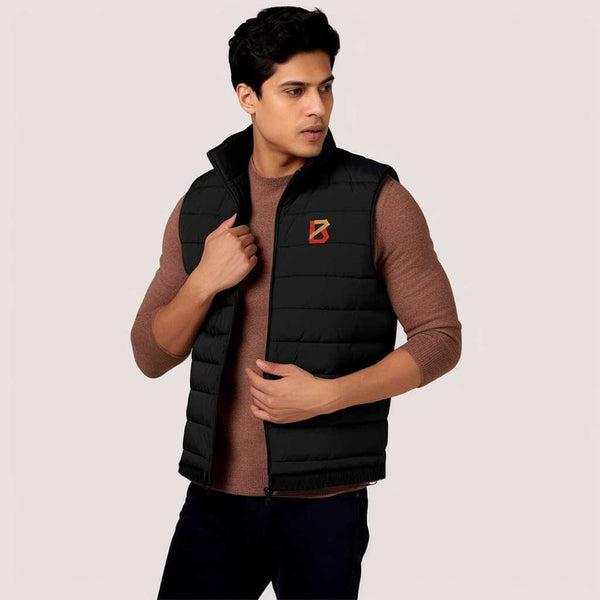 elo The Burnt Soul Men's B Embroidered Sleeveless Puffer Gilet Black