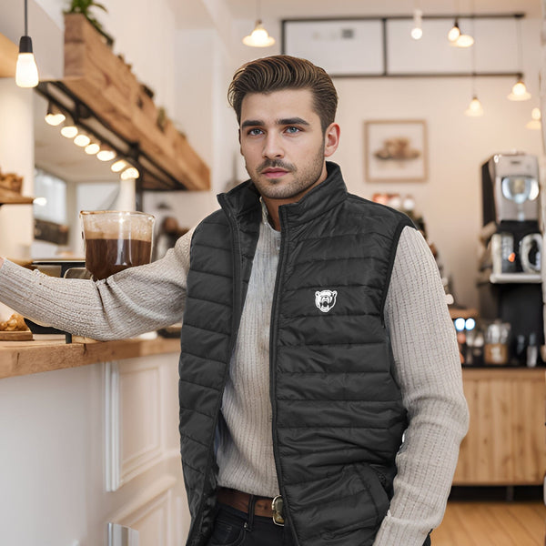 elo The Burnt Soul Men's Bear Embroidered Sleeveless Puffer Gilet Black Bear